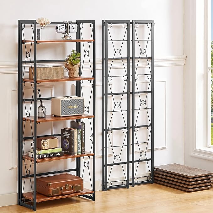 VECELO Folding Bookshelf,5 Shelf Bookcase No Assembly, Industrial Metal Frame Book Shelves Organizer for Living Room, Office,Brown, 2 Set