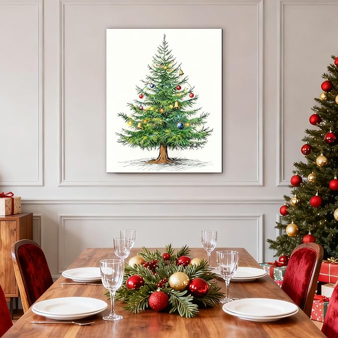 Framed Christmas Pictures Wall Decor,Vintage Pine Tree Prints,Winter Christmas Canvas Wall Art Decoration for Bedroom Bathroom Living Room Rustic Xmas Holiday Gifts (Christmas Tree 4, 16'' X 20'')