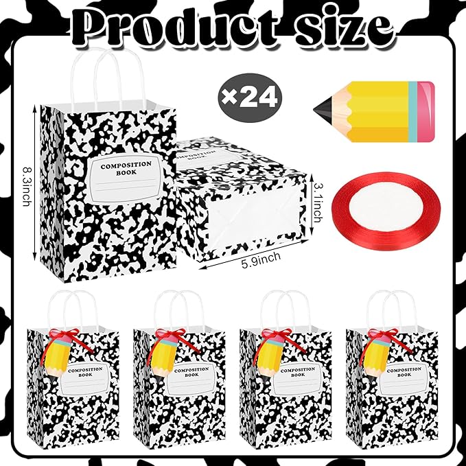Kolldenn Teacher Gift Bags Composition Paper Bags with Handles Notebook Line Teacher Appreciation Graduation Gifts Bag for Kindergarten Preschool End of Year Party Favors Wrapping(24 Pcs,Composition)
