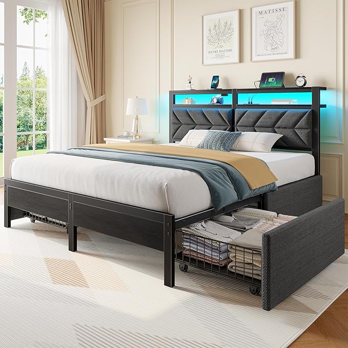 Seventable Full Size Bed Frame with 4 Storage Drawers, Charging Station & LED Lights, Upholstered Headboard with 2-Tier Shelves, Metal Platform Bed, No Box Spring Needed, Noise-Free, Grey