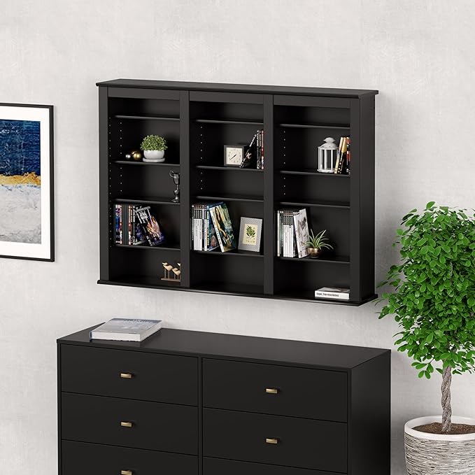 Prepac 3 Column Display Cabinet, Black Storage Cabinet with 12 Adjustable Shelves, Wall DVD Storage for Living Room 8.25" D x 47" W x 34" H