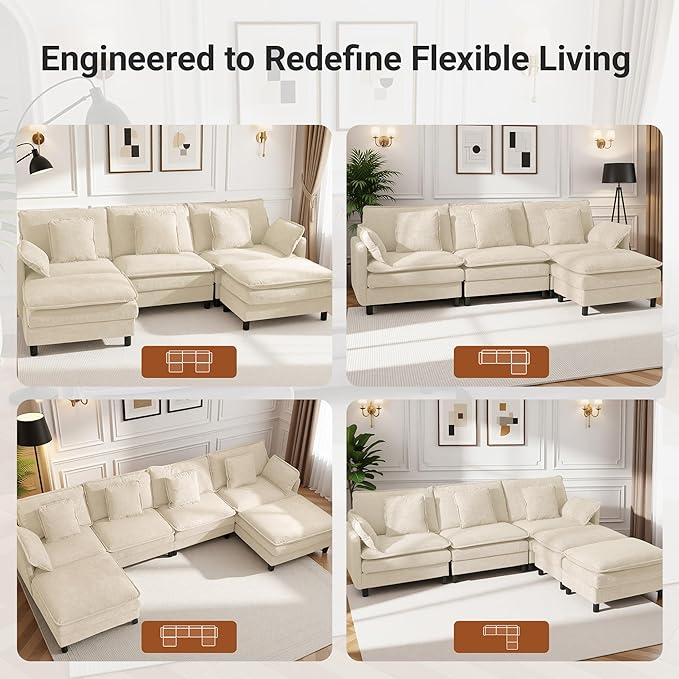 Claiks 148" Modular Sectional Sofa, Cloud Couch with Ottoman, U-Shaped 6-Seater Sofa in Chenille Fabric, Deep Seat Comfy Couch with Pillows for Living Room & Offices, Beige