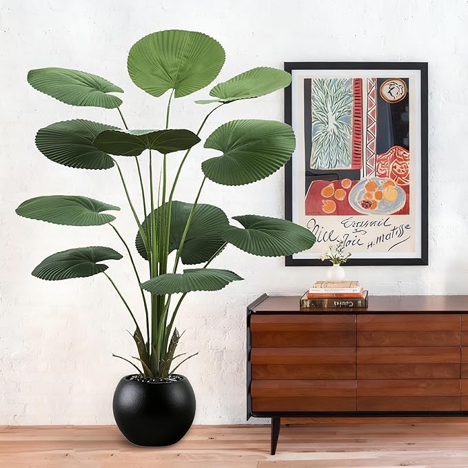 Artificial Fan Palm Tree: 5FT Fake Licuala Ruffled Fan Palm Plant Faux Tropical Plant Realistic Tall Floor Tree in Black Egg-Shaped Pot for Home Decor Office Patio Hotel Garden Indoor Outdoor