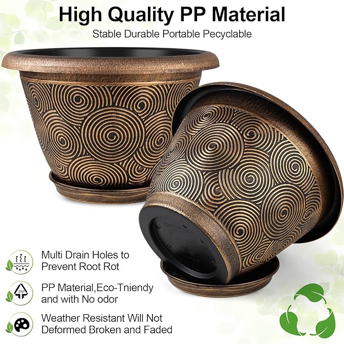 8 Inch Flower Pots Planters for Indoor Outdoor Plants, 4 Pack Plastic Small Plant Pots with Drainage Hole & Tray, Modern Decorative Garden Pot with Saucer, Plant Container for House