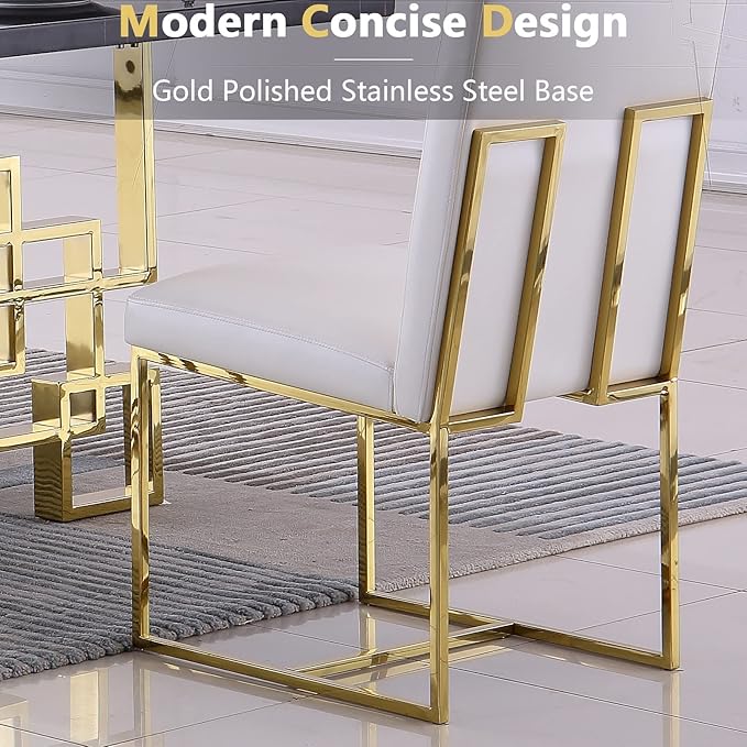 AUZ Dining Chairs Set of 4, White Faux Leather Mid Century Modern Chairs with Gold Stainless Steel Sled Legs