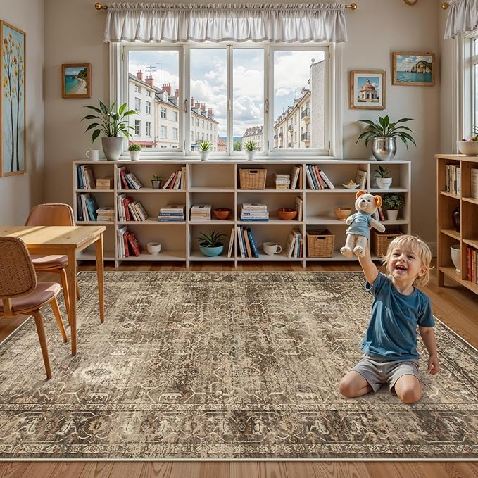 Lahome Vintage 6x9 Washable Brown Rugs for Living Room Bedroom, Soft Dining Room Rugs for Under Table, Non Slip Indoor Throw Carpet for Entryway Kitchen Office (6x9ft,Brown)