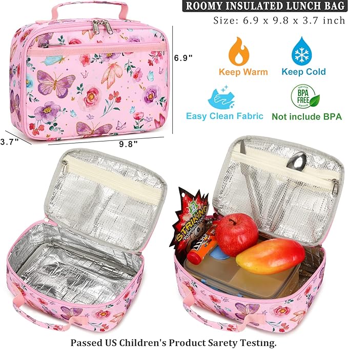 DSIUE Kids Backpack for Girls Elementary BookBags Teens Middle School Backpack with Lunch Box Butterfly Lake Blue