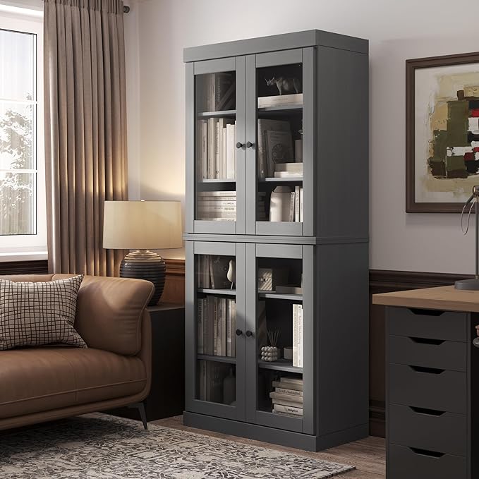 Palace Imports Solid Wood Bookcase - 6-Tier Tall Bookshelf, 71.5” H x 32” W - Gray, Clear Glass Cabinet Doors & Adjustable Shelves for Living Room, 100% Renewable Eco-Friendly Wood, Made in Brazil