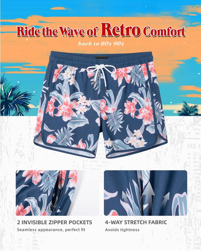 SURF CUZ Mens Swim Trunks with Compression Liner 5" Swimming Trunks 5 Inch Retro Swim Shorts with Zipper Pockets,Blue Retro,M