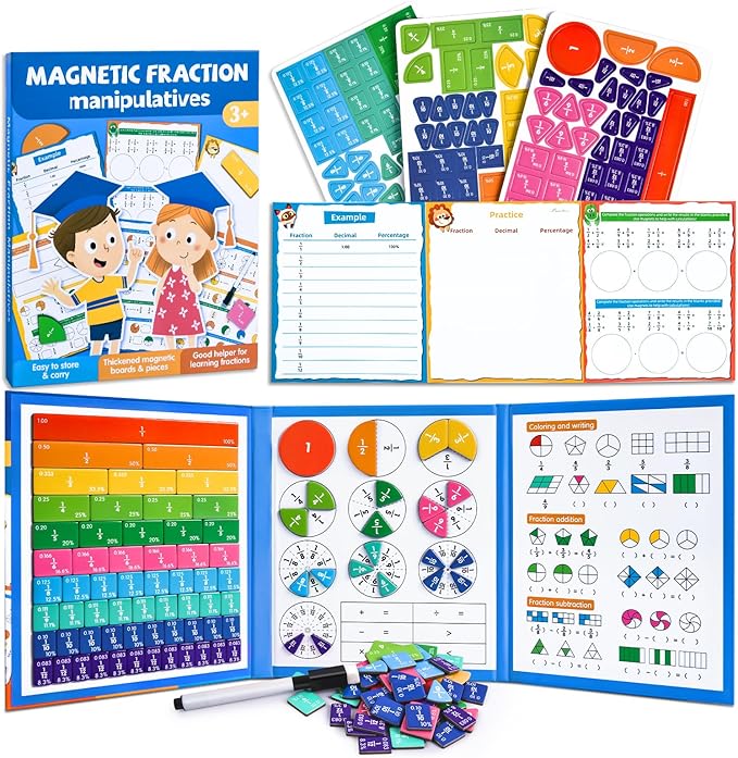 Magnetic Fraction Tiles & Circles Montessori Set for Elementary Kids - Hands-On Math Manipulatives with Activity Book - Learn Fractions, Decimals, Percentages