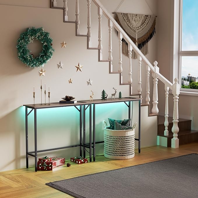 Narrow Console Table with Led Light and Charging Station，29.5" Small Entryway Table，Display Table，Entryway Hallway Thin Sofa Table Behind Sofa, Small Spaces, Living Room, Gray
