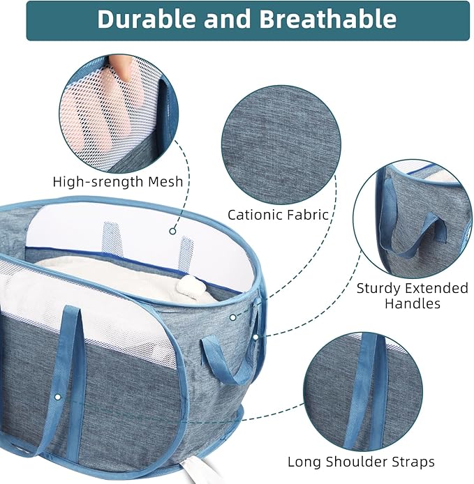 2 Pcs Collapsible Laundry Baskets, Tear Proof Pop Up Laundry Hamper with Dual Handles, Durable Foldable Laundry Basket, Easy to Carry Laundry Hamper for Home, Laundry Room, Bedroom, Dorm, Travel Blue