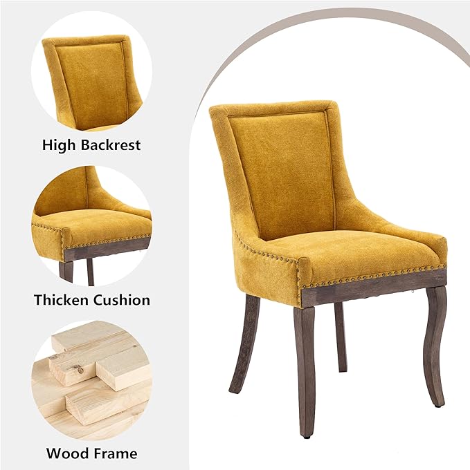 Farmhouse Dining Chairs Set of 4, Upholstered Fabric Dining Room Accent Chairs with Wood Legs & Bronze Nailhead, High Wingback Kitchen Chairs for Living Room Hotel Apartment, Golden Yellow