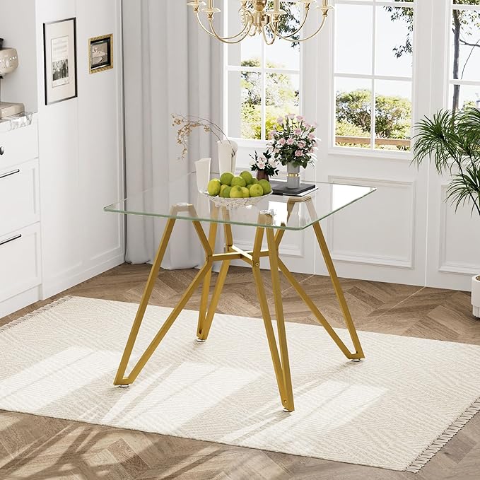 35.4" Square Glass Dining Table for 4, Modern Tempered Glass Kitchen Table for 4 with Gold Metal Legs, Compact Small Circle Dining Room Leisure Tables for Kitchen Apartment