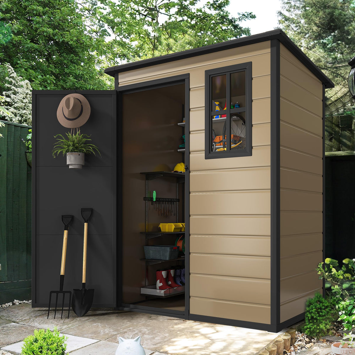 DWVO 5x3ft Resin Outdoor Storage Shed with Floor, Waterproof Lockable Storage Shed with Window, Plastic Outside Tool Storage for Garden Backyard Patio Lawn