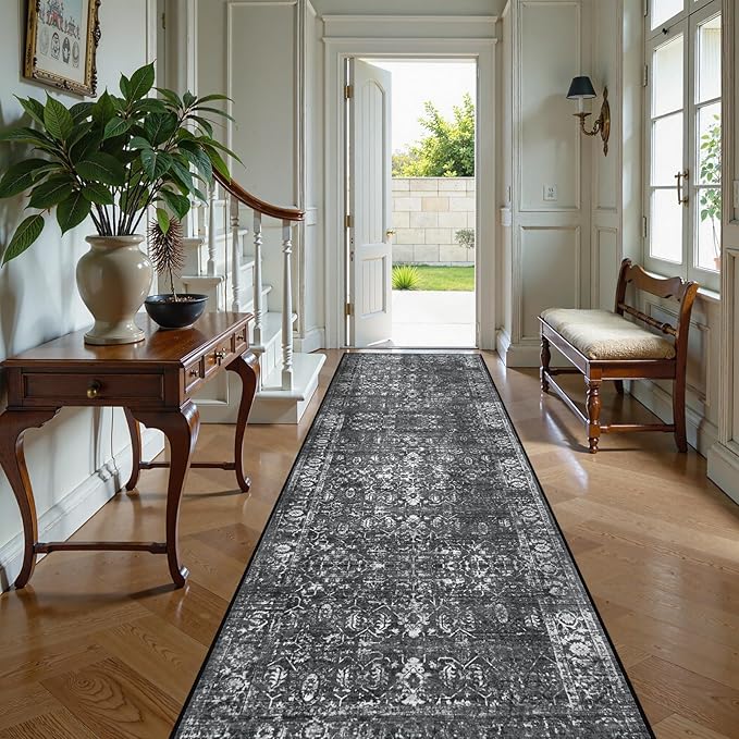 Lahome Black Washable Runners for Hallways,Boho 2'6"x10' Kitchen Runner Rugs Non Skid Washable Indoor Bathroom Runner Rug,Distressed Carpet Runners for Bedroom Entryway Foyer(2'6"x10', Black/Grey)