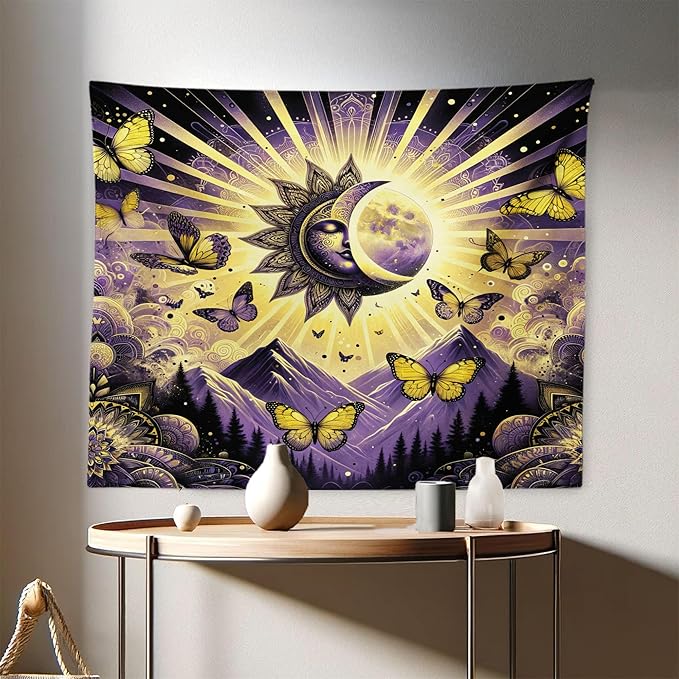 Ambesonne Boho Tapestry, Sun and Moon Art Concept Esoteric Mountain Scene with Dancing Butterfly, Fabric Wall Hanging Decor for Bedroom Living Room Dorm, 28" X 23", Violet Mustard Dark Grey