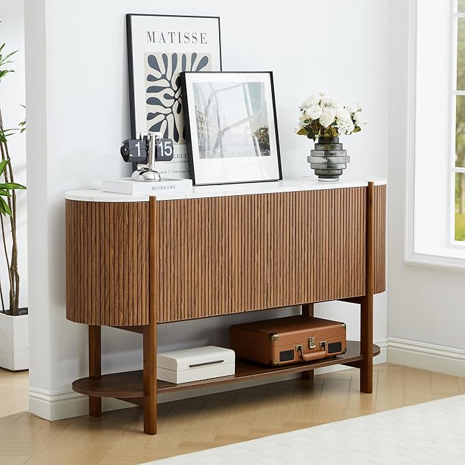 Console Table with Storage, Fluted Entryway Table with 2 Doors and Open Shelf, Long Sofa Table Behind Couch for Living Room, Hallway (Walnut)