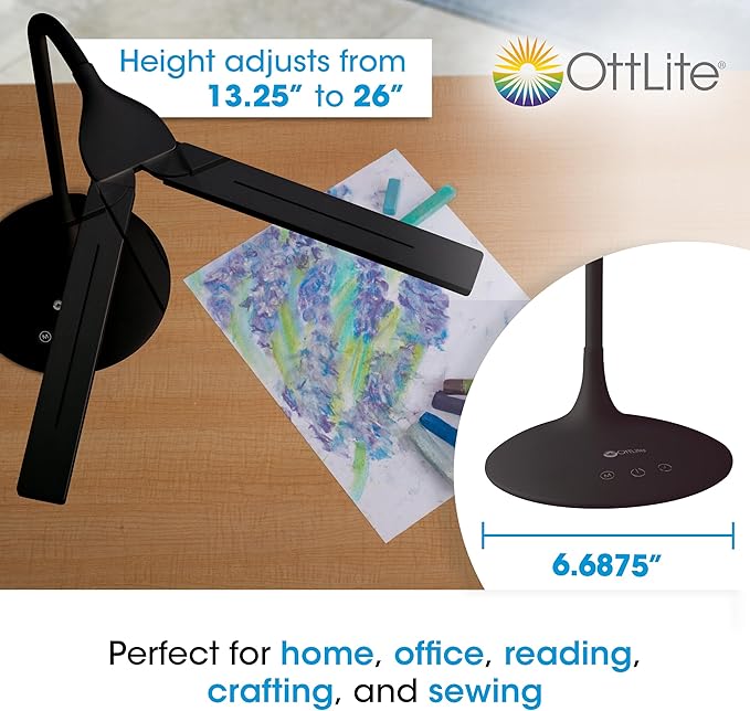 OttLite Pivot LED Desk Lamp – 3 Color Modes, 40-Minute Shut-Off Timer, Adjustable Neck, ClearSun LED, Touch Activated Controls, Gradual Dimmer, for Working, Crafting, Sewing, Studying (Black)