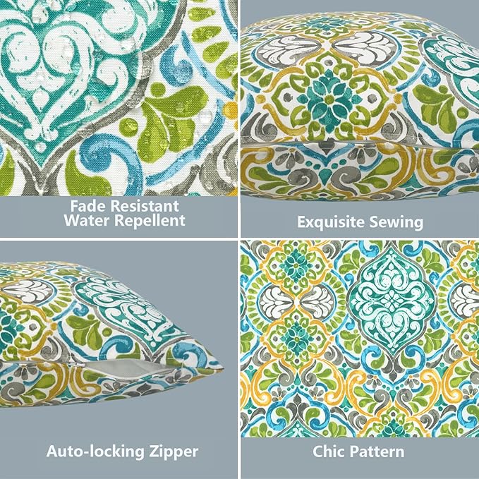 LVTXIII Outdoor Pillow Covers ONLY, Square Throw Pillow Covers, Modern Cushion Cases for Sofa Patio Couch Decoration 18 x 18 Inch, Pack of 2, Damask Green