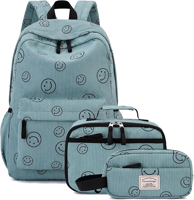 Backpack for Girls Boy Teen Corduroy Bookbags Elementary Middle High School Women Laptop Bag with Lunch Box Pencil Bag (Smile Green)