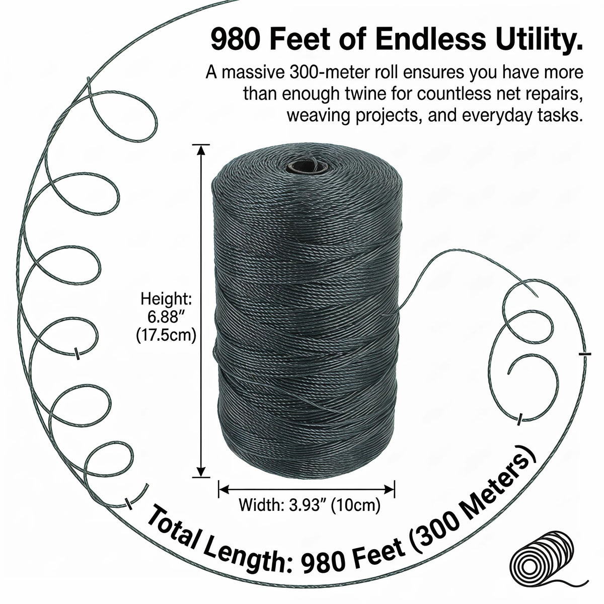 Veemoon 1 Roll Nylon String, 300M/980FT Fishing Net Repair Line Wrapping Rope Fish Net Repair Twine Braid Fishing Cord Twine DIY Crafts Rope to Weave Nylon Braided Wire, Bank String Dark Green