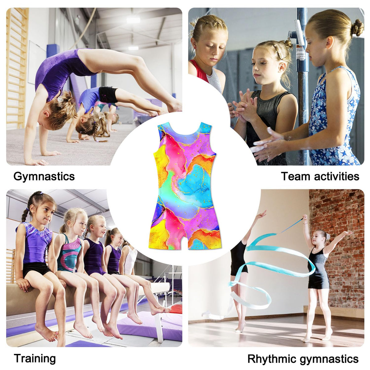 Funnycokid Gymnastics Leotards for Girls Toddler Outfits Dance Unitards Clothes with Shorts, Colorful Marble, 3-4T