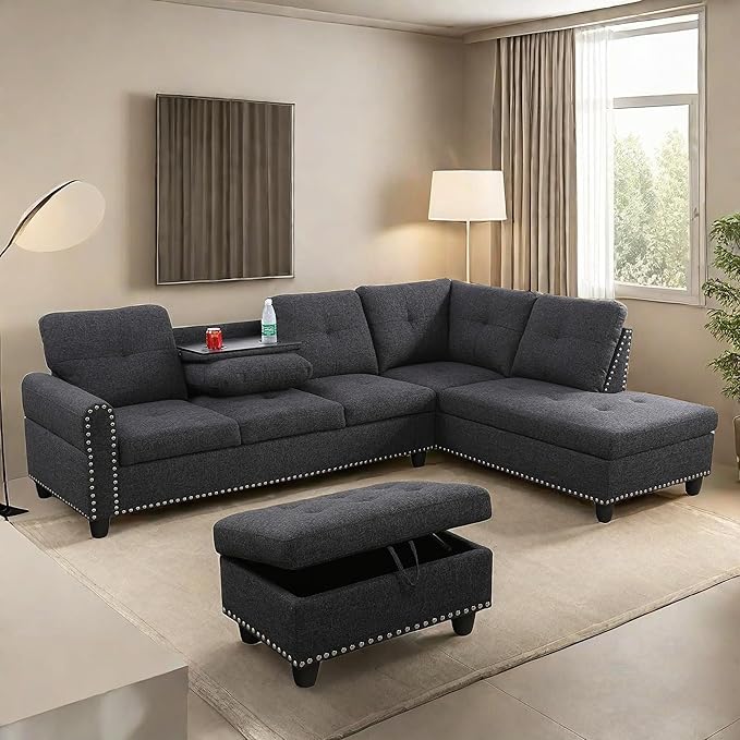 Large Storage Ottoman Sectional Sofa, L-Shaped Couch with Reversible Chaise, Space Saving Design, Gray Fabric with Accent Pillows. (Dark Gray)