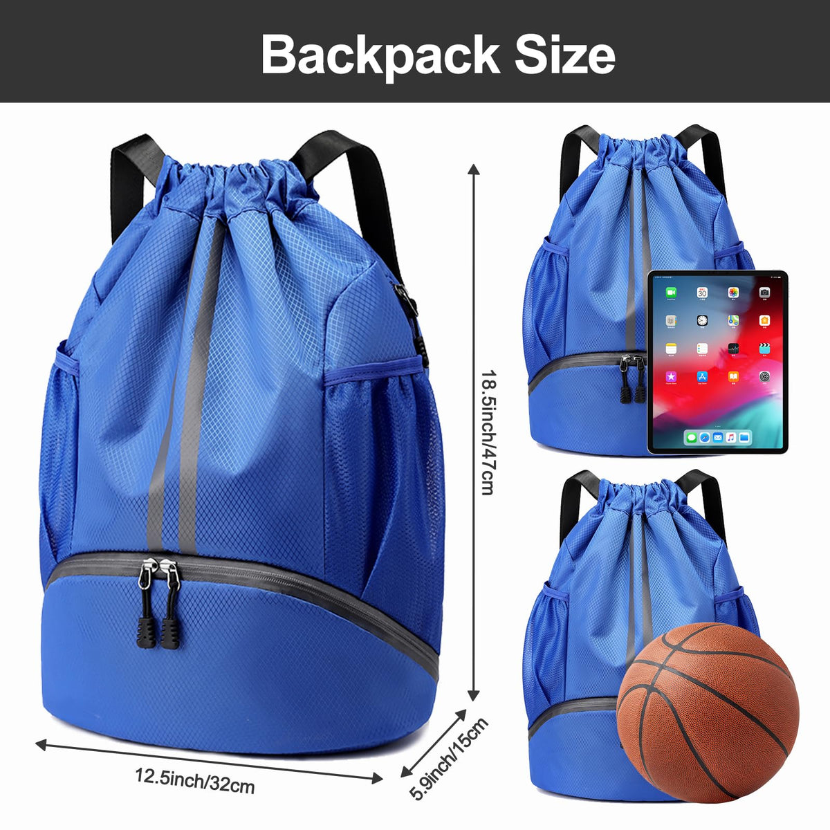 Hoedia Sports Drawstring Backpack - String Swim Gym Bag with Shoes Compartment and Wet Proof Pocket for Women&Men