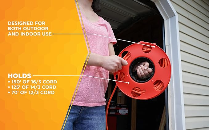 Woods Heavy Duty Cord Storage Wheel - Holds Up to 150 Feet of 16/3 or 125 Feet of 14/3 Gauge Cord - Tangle-Free Design for Extension Cords, Rope, or Hose - - Black