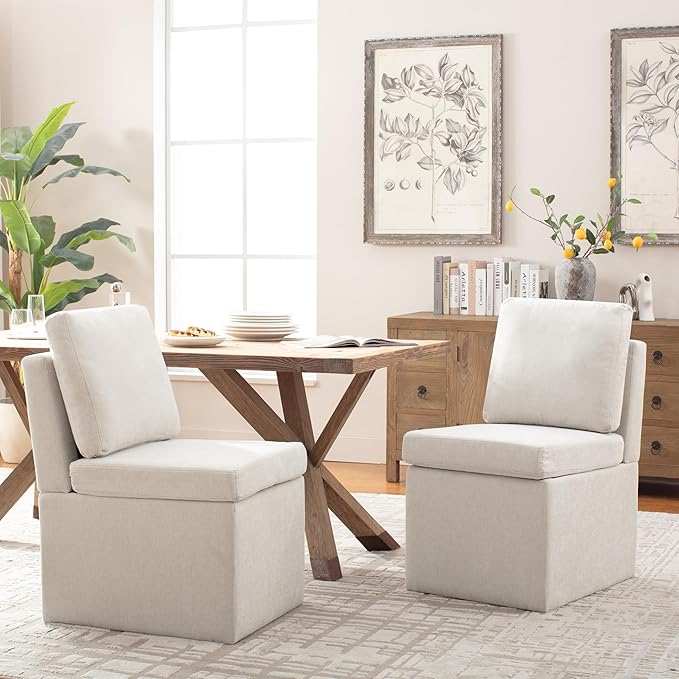 VKNOW Upholstered Dining Chairs, Modern Kitchen Chairs with Storage, Linen Armchair Dining Room Chairs for Kitchen Room (Beige, Set of 2)