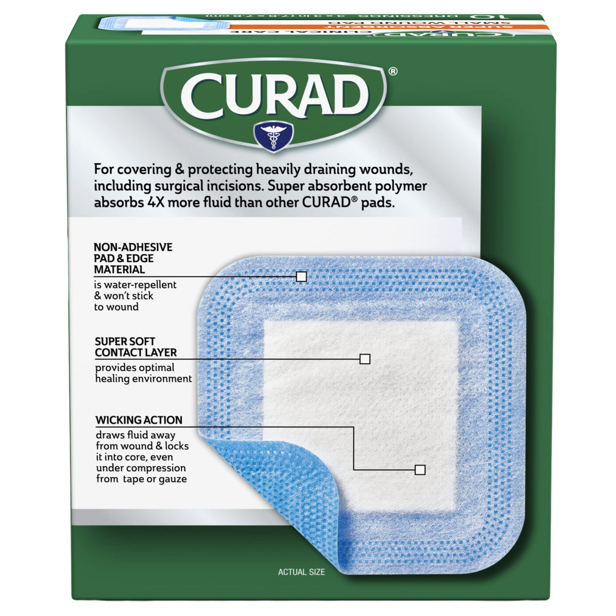 Curad Super Absorbent Wound Pad, Small, 3" x 3", 10 Count, 3 Pack
