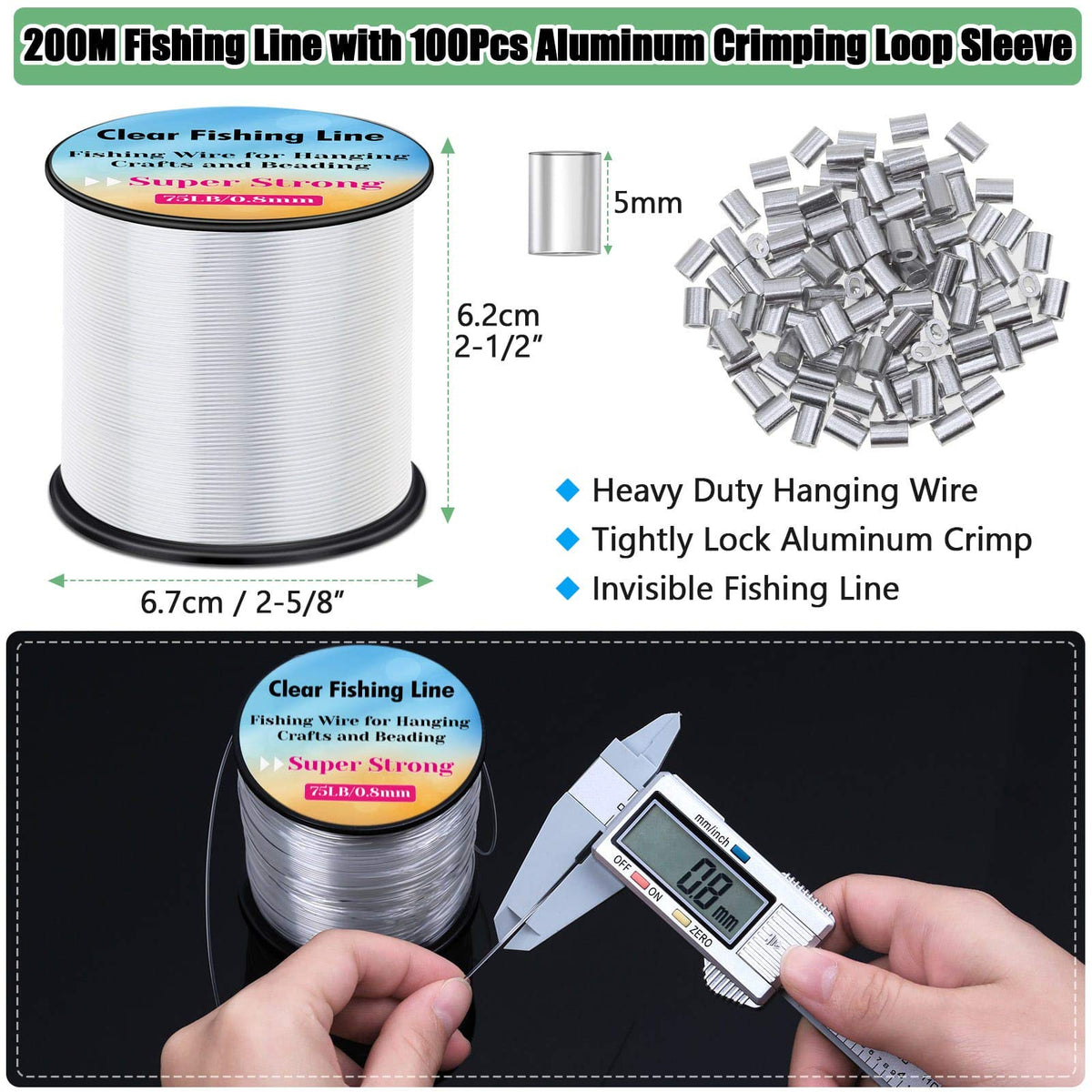 Hanging Wire Clear, Acejoz Thick Fishing Line Nylon String Picture Frame Wire with 100Pcs Crimps Sleeves 70lb Invisible Line for Balloon Garland Picture Hanging Decoration and Crafts (656 Feet)