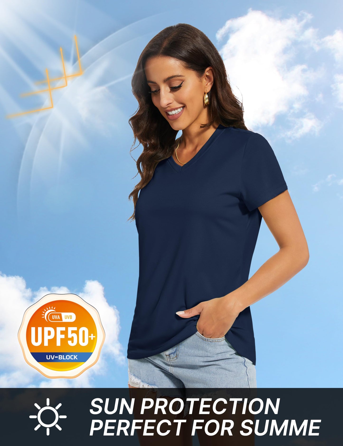 TACVASEN Workout Tops for Women UV Protection Shirts UPF 50+ Short Sleeve Rash Guard Quick Dry Hiking Shirts Navy S