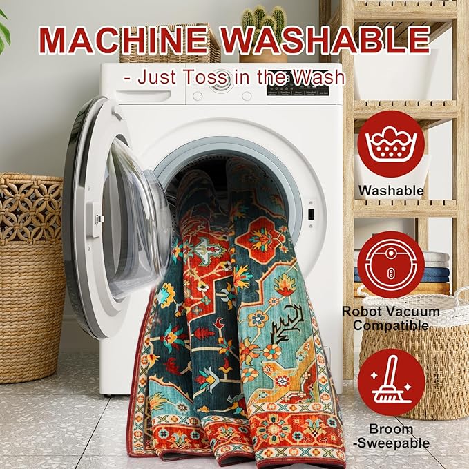 WILLSUN Washable Area Rugs, 8x10 Non-Slip Boho Large Area Rugs for Living Room, Bedroom, Machine Washable Vintage Rug, Indoor Floral Print Carpet for Home Decor, Kid & Pet Friendly Mat