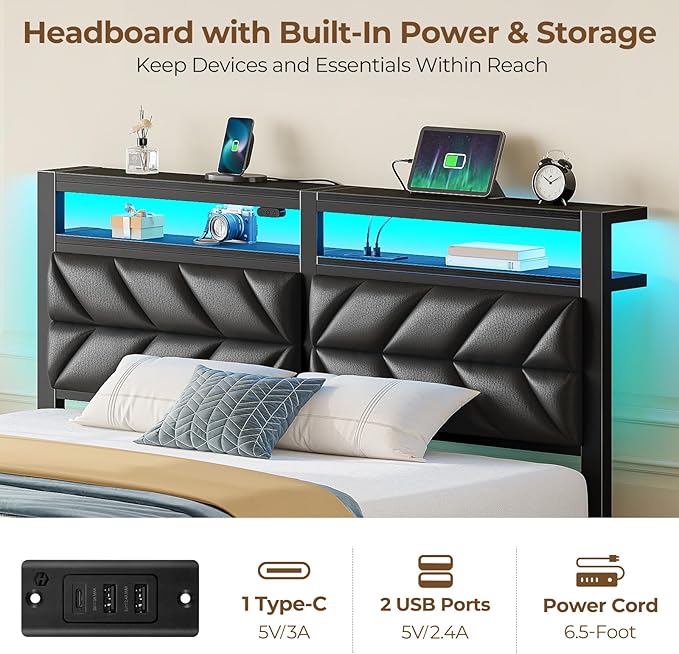 Seventable Queen Bed Frame with 4 Storage Drawers, Charging Station & LED Lights, Upholstered Headboard with 2-Tier Shelves, Metal Platform Bed, No Box Spring Needed, Noise-Free, Black