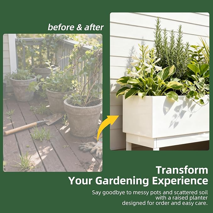 Worth Raised Metal Planter Box with Legs, 30"x12.5"x24" Elevated Garden Bed for Indoor & Outdoor Use – Glossy White Galvanized Steel Planter with Drainage Hole & Plug for Vegetables, Flowers & Herbs
