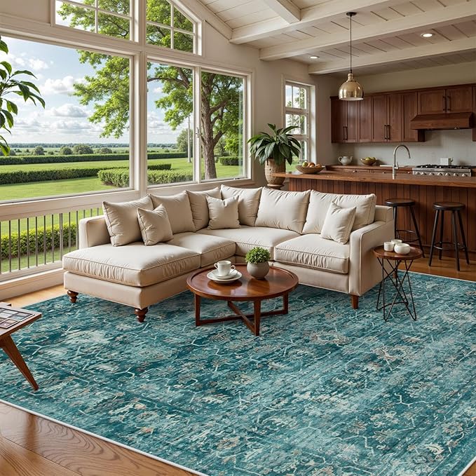 Lahome Vintage 9x12 Washable Blue Rugs for Living Room Bedroom, Boho Dining Room Rugs for Under Table, Soft Non Slip Indoor Throw Carpet for Home Office Playroom (9x12ft,Blue)