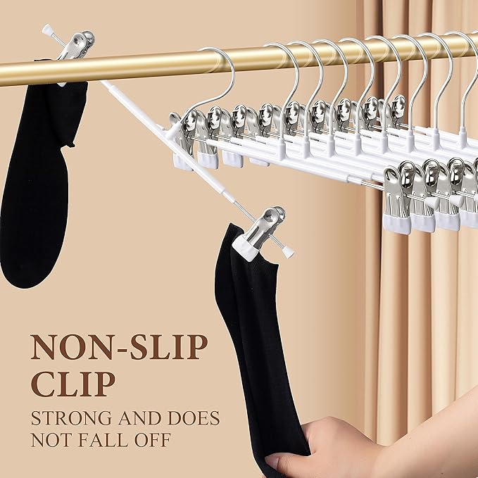 Pants Hangers with Clips 60 Pack Adjustable Skirt Hangers for Women Non-Slip Trousers Hanger for Jeans Shorts Clothes Hanger for Pants Heavy Duty Space Saving,White,12Inch