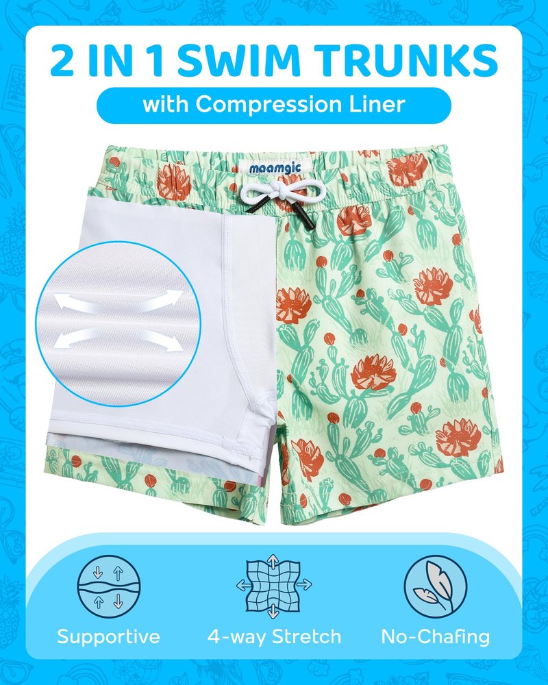 maamgic Boys Swim Trunks with Compression Liner 4-Way Stretch Quick Dry Swim Shorts Swimming Trunks Toddler Boy Cactus Flower Green 7 Years