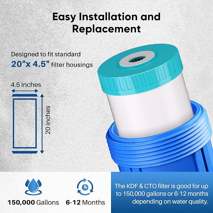 PUREPLUS 5 Micron 20" x 4.5" Whole House KDF/GAC Water Filter, Heavy Metal