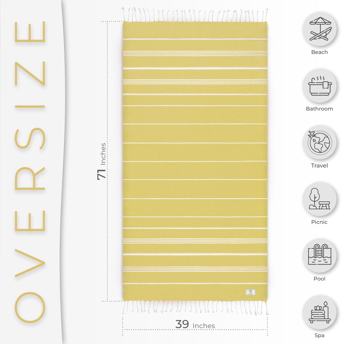 Ossano Turkish Beach Towel Quick Dry & Absorbent Oversized (39" x 71") - Compact, Versatile and Functional as Yoga Mat, Picnic Blanket, Travel Blanket, Bath, Camp and Shower Towel - Yellow