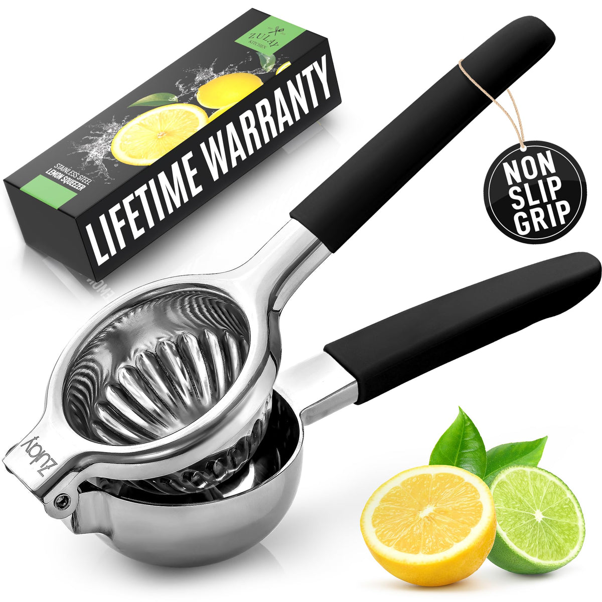 Zulay Kitchen Extra Large Lemon Squeezer Stainless Steel - Easy Squeeze Heavy Duty Lemon Juicer Hand Press - Ergonomic Citrus Squeezer & Fruit Juicer for Small Oranges, Lemons, & Limes - Silver