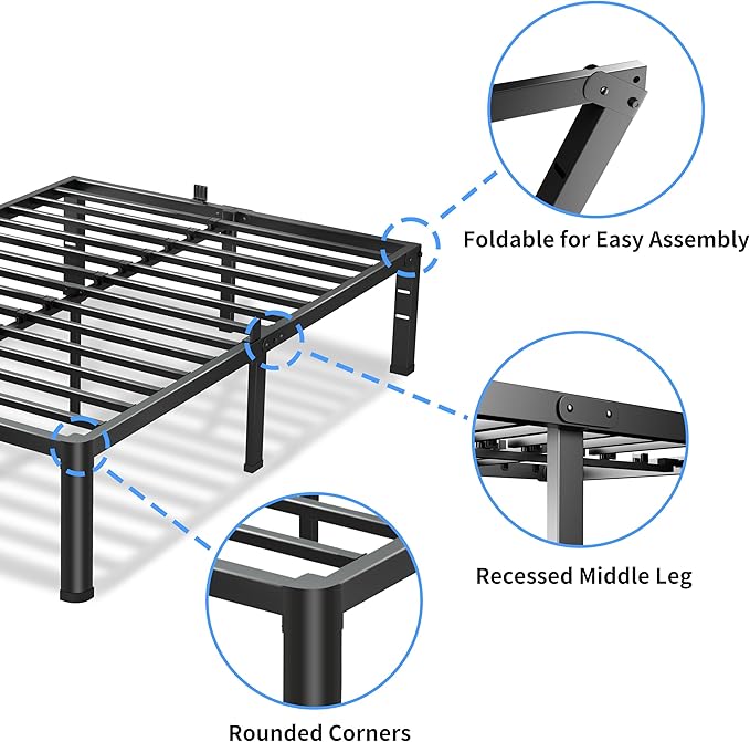 14 Inch Queen Bed Frame, 3500Lbs Heavy Duty Metal Platform with Round Corner Legs Mattress Slide Stopper, Steel Slat Support No Box Spring Needed, Noise Free, Non-Slip, Easy Assembly