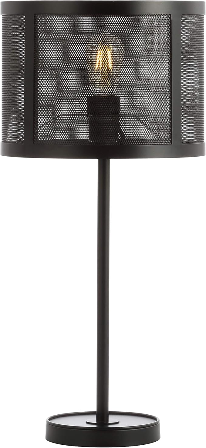 JONATHAN Y 25" Black Minimalist Metal LED Table Lamp, Modern Industrial Iron Desk Lamp for Living Room Bedroom, Round Metal Screen Drum Shade, LED Bulb Included JYL1102A