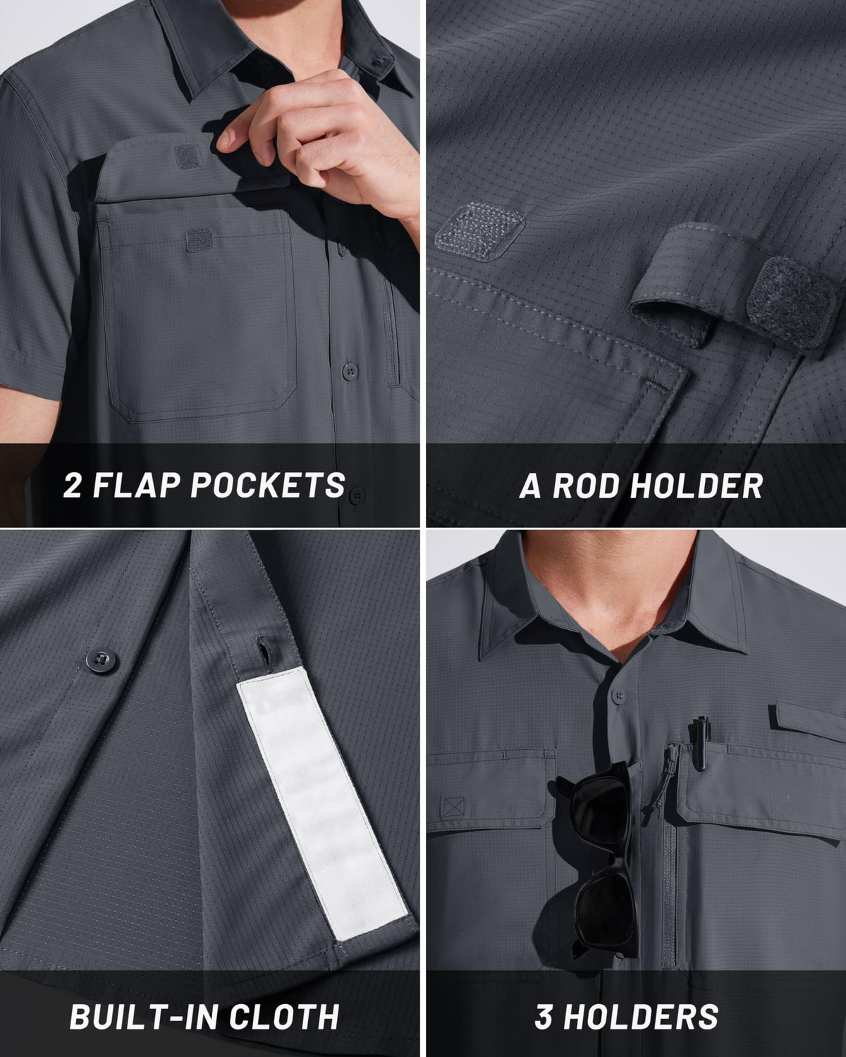 MAGCOMSEN Sun Shirts for Men Short Sleeve SPF Performance Fishing Shirts Dry Fit Light Weight Button Up Work Shirts Dark Grey L