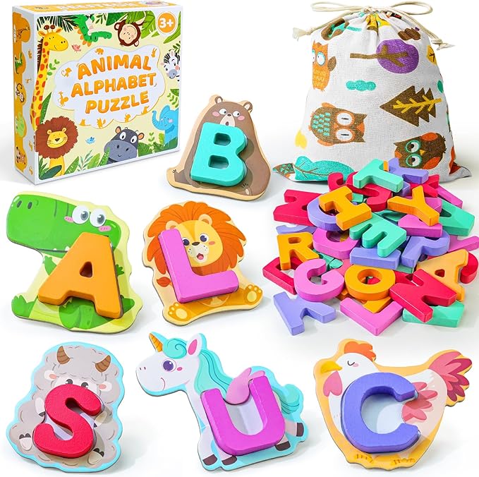 BEESTECH Animal Alphabet Flash Cards, Wooden Letter Puzzle, Educational ABC Learning Toys for 3 4 5 Year Old Boys Girls Toddlers, Preschoolers Matching Game