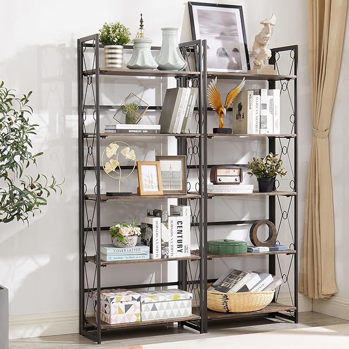VECELO Folding Bookshelf, 5-Tier Bookcase Foldable, Industrial Tall Book Shelf Storage Organizer with Collapsible Metal Frame for Living Room/Home Office,Rustic Brown,1 Set