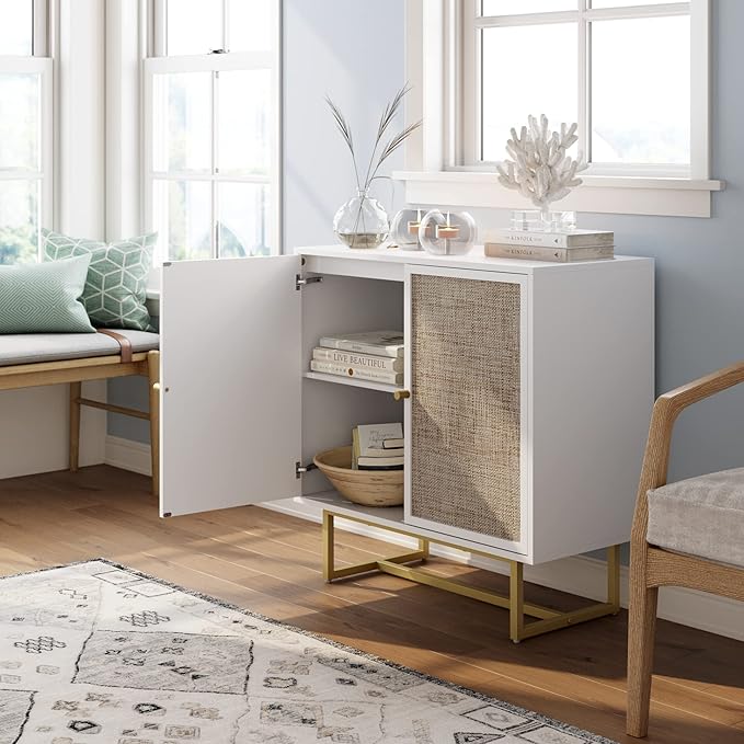 Nathan James Kova Rattan Wood Accent Natural Sideboard Storage Cabinet TV Stand with Matte Metal Frame, Adjustable Shelves and Cane Doors, for Hallway, or Living Room, White/Cane/Brass, Set of 4