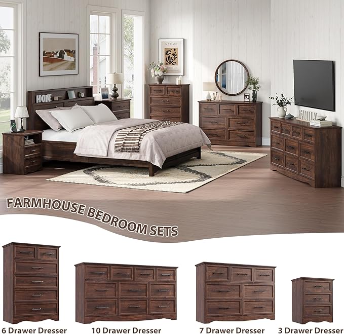 Walnut Dresser for Bedroom, Modern 7 Chest of Drawers, 47" Wide 7 Drawer Dresser with Brushed Metal Handle, Wood Closet Organizers and Storage Cabinet for Bedroom, Living Room, Hallway